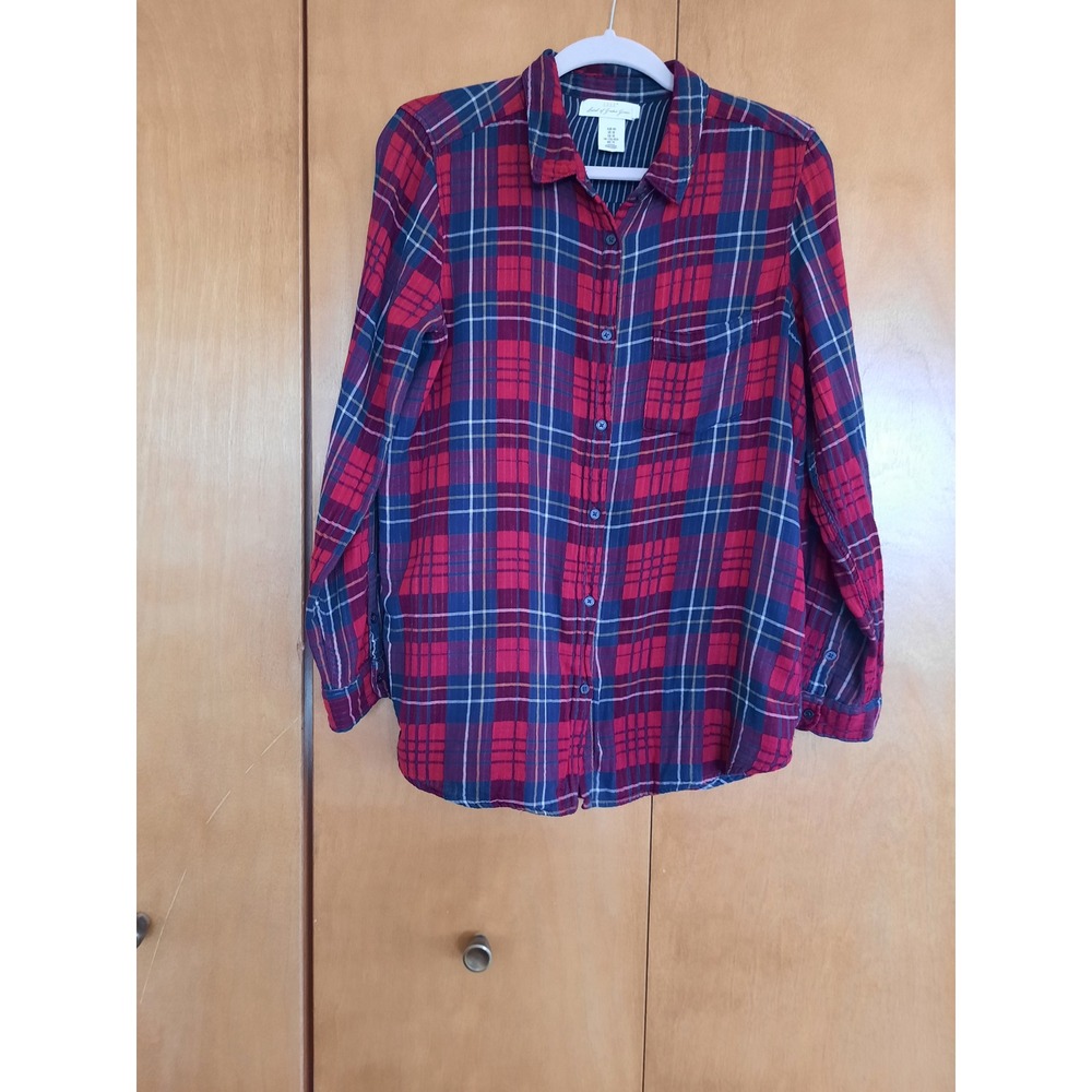 L.O.G.G. H&M Red Blue Plaid Flannel Button Down Shirt Womens Size 10 Long Sleeve